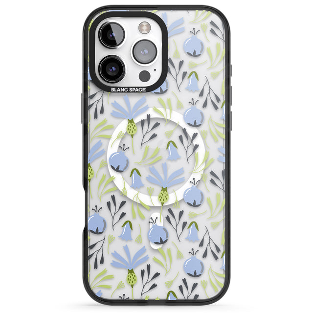 iPhone 16 Pro Max Blue Flora Transparent Floral Black Impact Phone Case