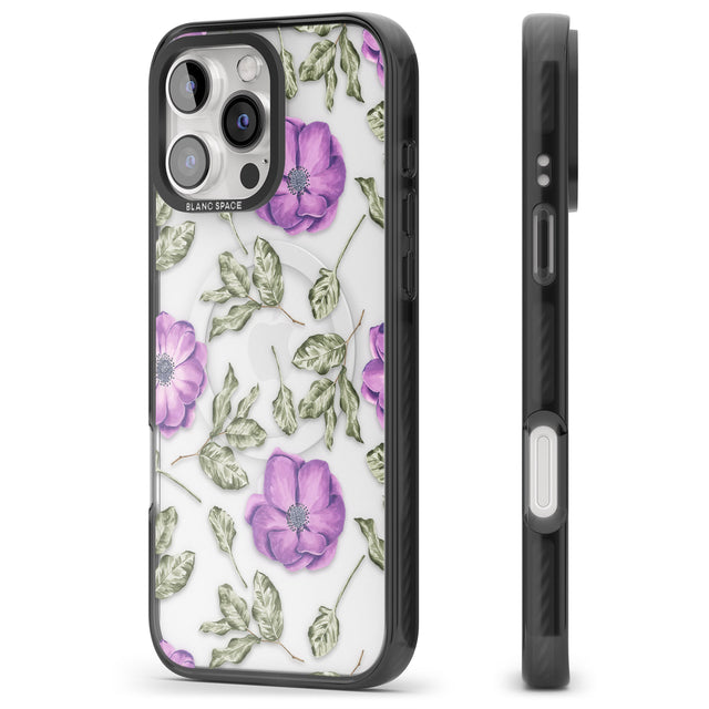 iPhone 16 Pro Max Purple Blossoms Transparent Floral Black Impact Phone Case