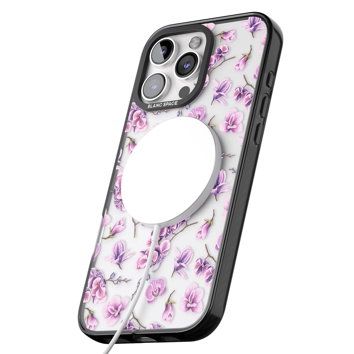 iPhone 16 Pro Max Purple Orchids Transparent Floral Black Impact Phone Case