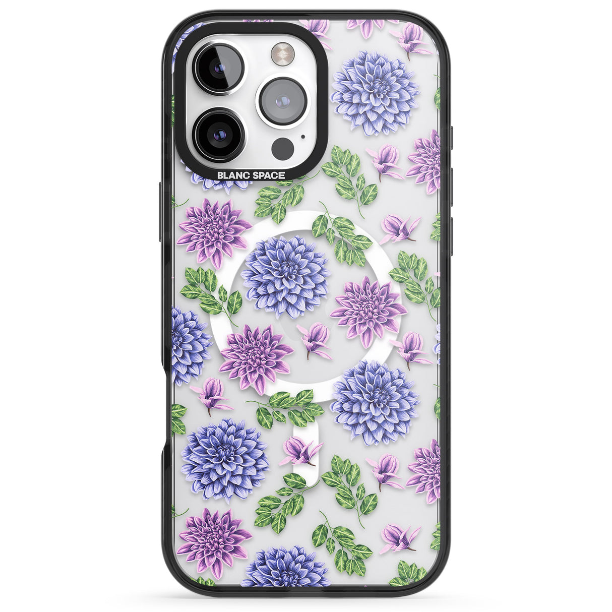 iPhone 16 Pro Max Purple Dahlias Transparent Floral Black Impact Phone Case