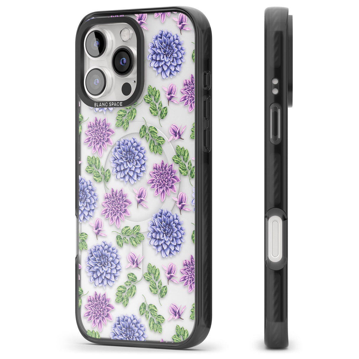 iPhone 16 Pro Max Purple Dahlias Transparent Floral Black Impact Phone Case