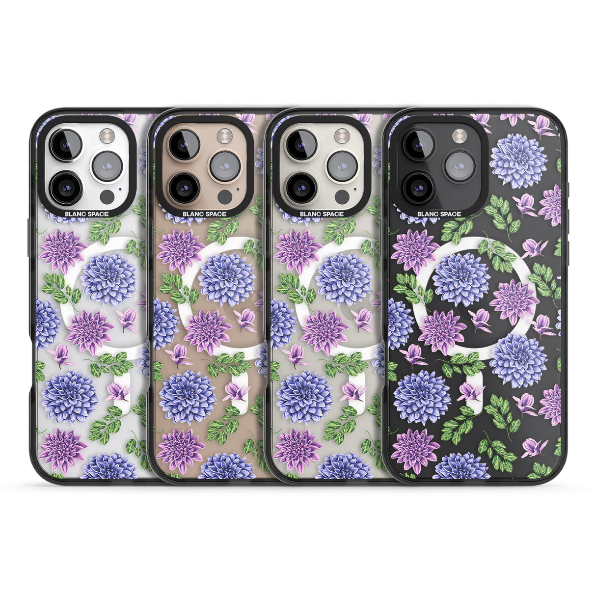 iPhone 16 Pro Max Purple Dahlias Transparent Floral Black Impact Phone Case