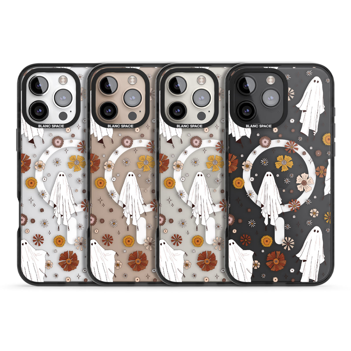 iPhone 16 Pro Max Halloween Ghosts and Flowers Black Impact Phone Case