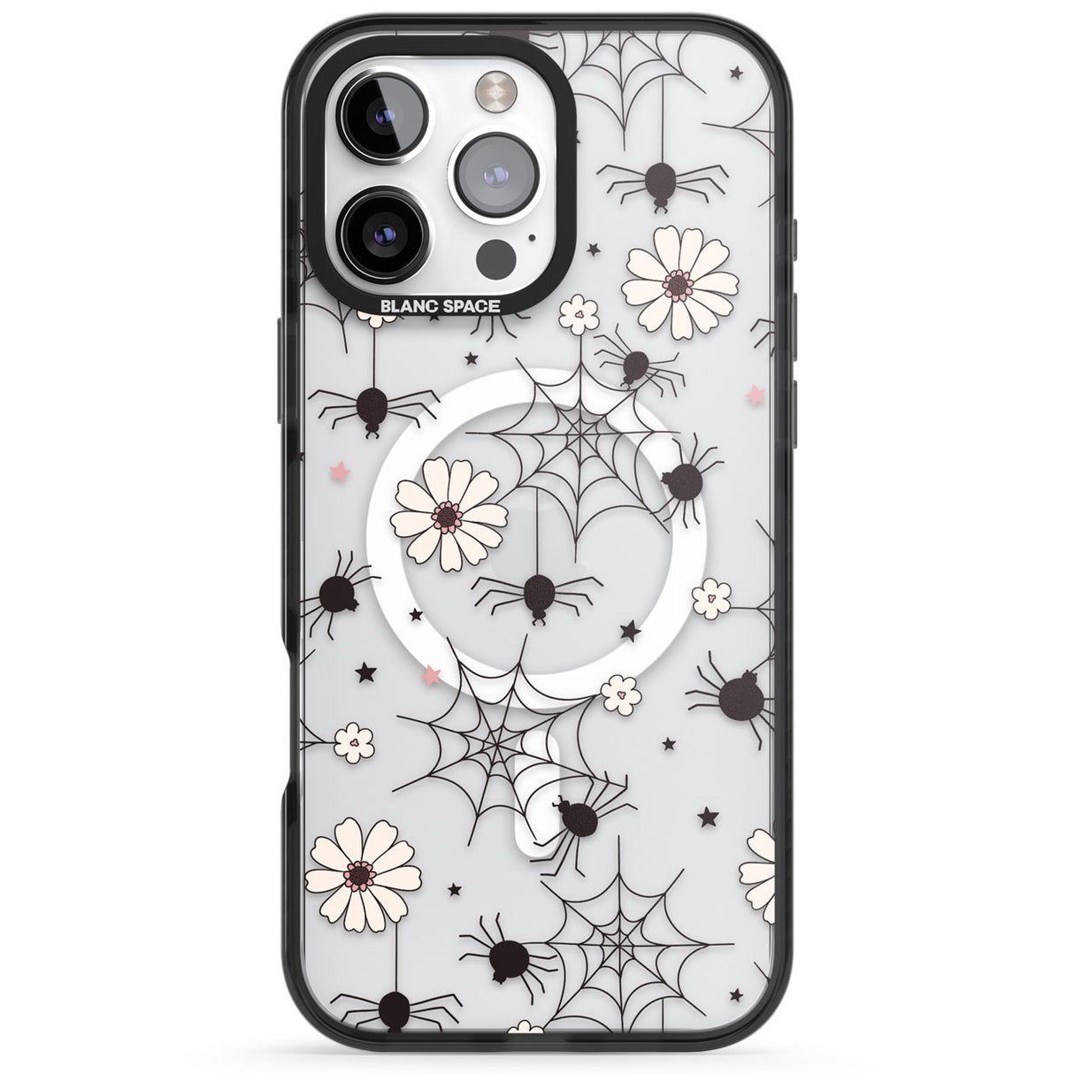 Spiders and Flowers Pattern Black Impact Magsafe Phone Case for iPhone 16 Pro, iPhone 16 Pro Max