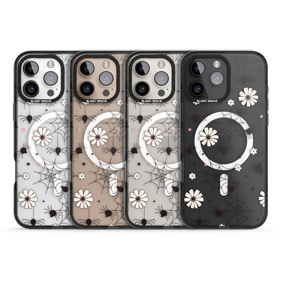 Spiders and Flowers Pattern Black Impact Magsafe Phone Case for iPhone 16 Pro, iPhone 16 Pro Max