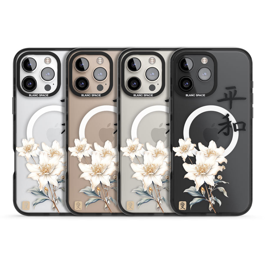 Peace and Flowers Black Impact Magsafe Phone Case for iPhone 16 Pro, iPhone 16 Pro Max