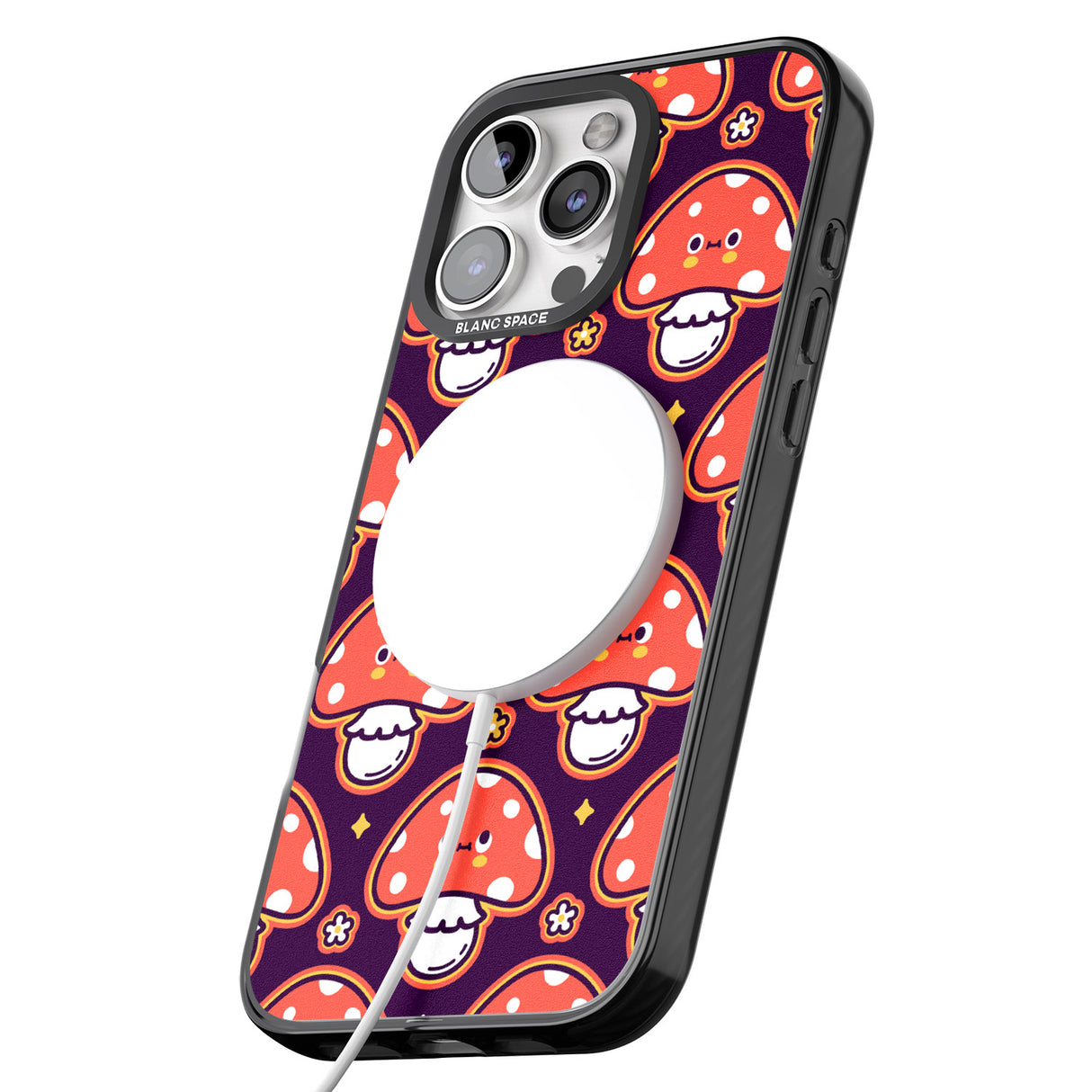 iPhone 16 Pro Max Mushroom Kawaii Pattern Black Impact Phone Case