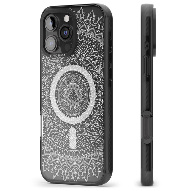 iPhone 16 Pro Max Large White Mandala Design Black Impact Phone Case