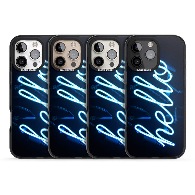 iPhone 16 Pro Max "Hello" Blue Cursive Neon Sign Black Impact Phone Case