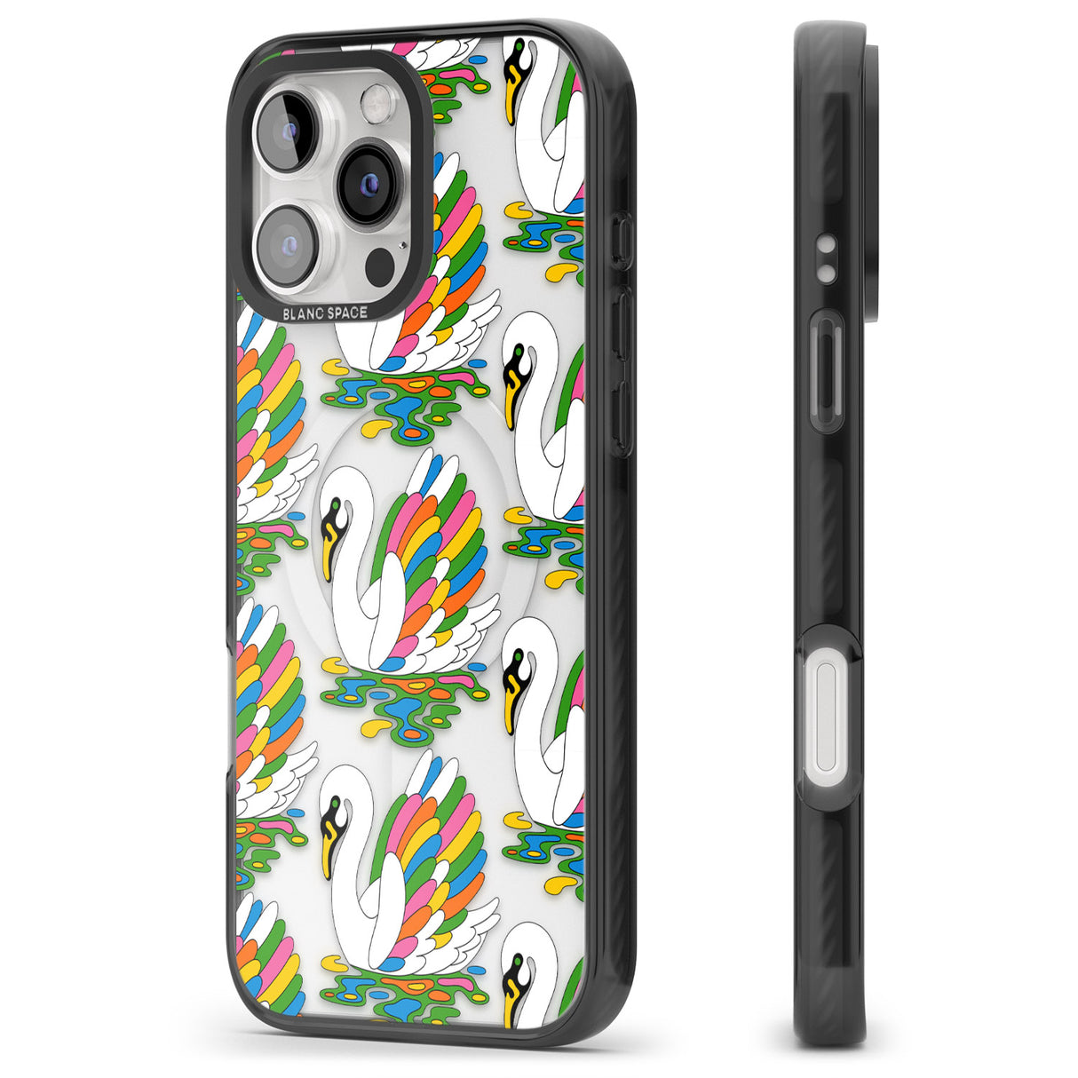 iPhone 16 Pro Max Colourful Swan Pattern Black Impact Phone Case