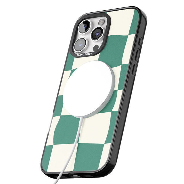 iPhone 16 Pro Max Green & Cream Wavy Check Black Impact Phone Case + Magsafe