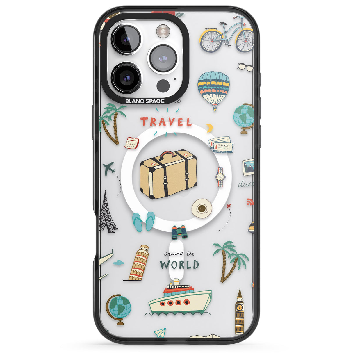 iPhone 16 Pro Max Cute Travel Pattern Transparent Black Impact Phone Case