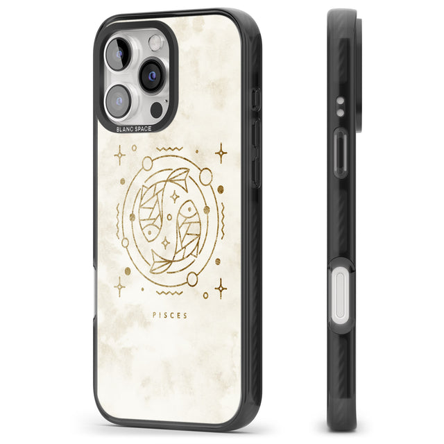 iPhone 16 Pro Max Pisces Emblem - Solid Gold Marbled Design Black Impact Phone Case