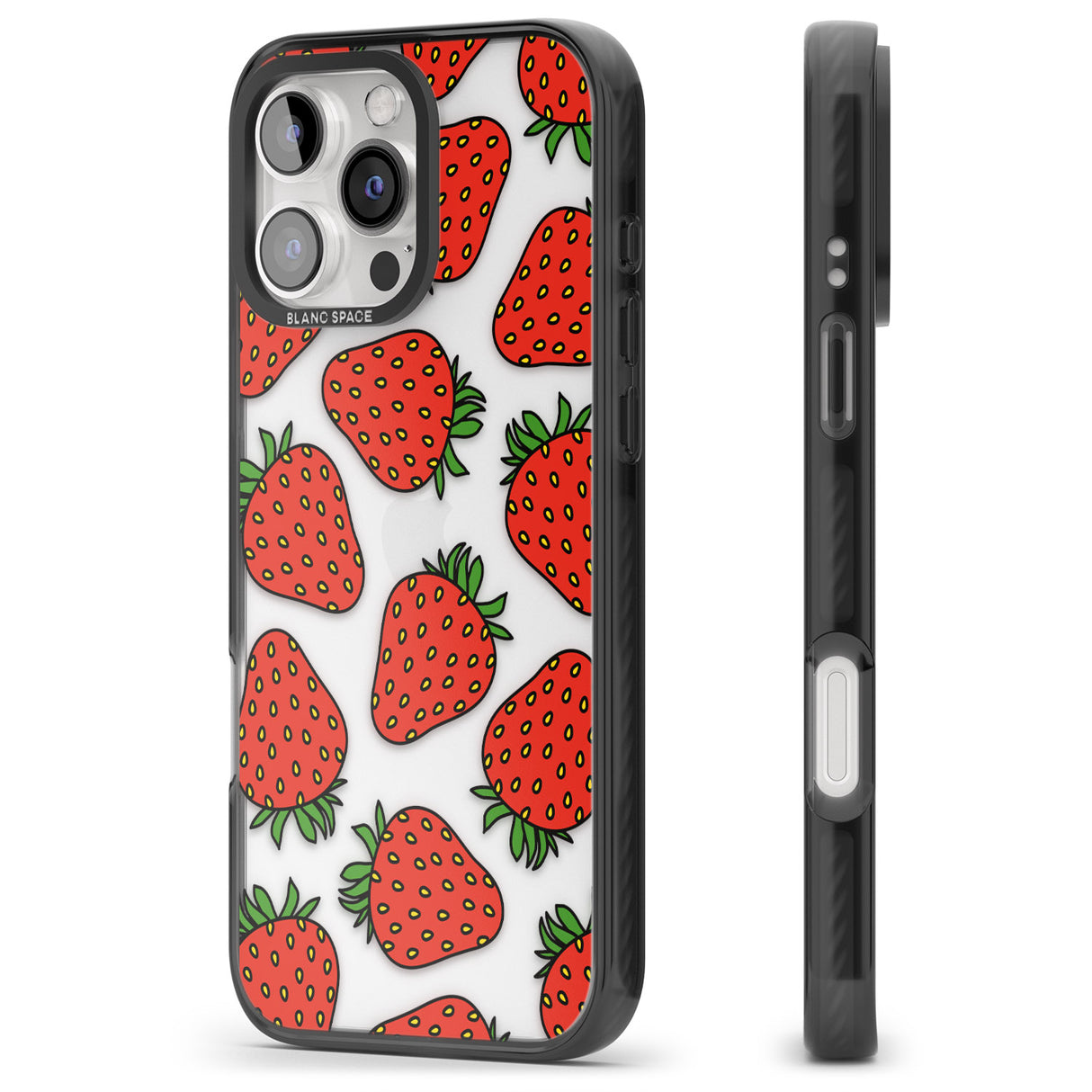 iPhone 16 Pro Max Strawberry Pattern Black Impact Phone Case