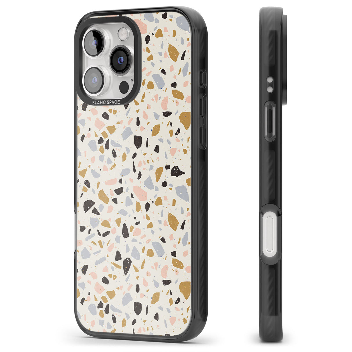 iPhone 16 Pro Max Pale Pink, Blue, & Mocha Terrazzo Pattern Black Impact Phone Case