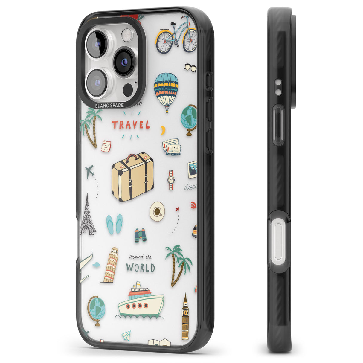 iPhone 16 Pro Max Cute Travel Pattern Transparent Black Impact Phone Case