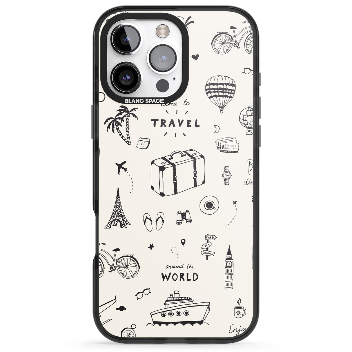 iPhone 16 Pro Max Cute Travel Pattern, White on Black Impact Phone Case