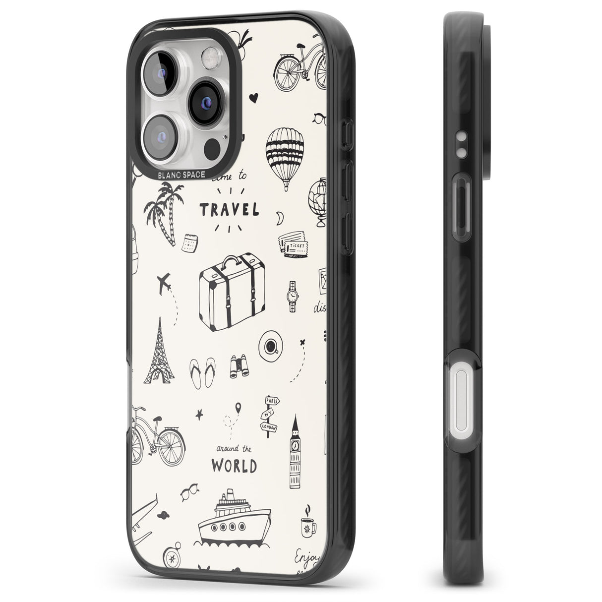 iPhone 16 Pro Max Cute Travel Pattern, White on Black Impact Phone Case