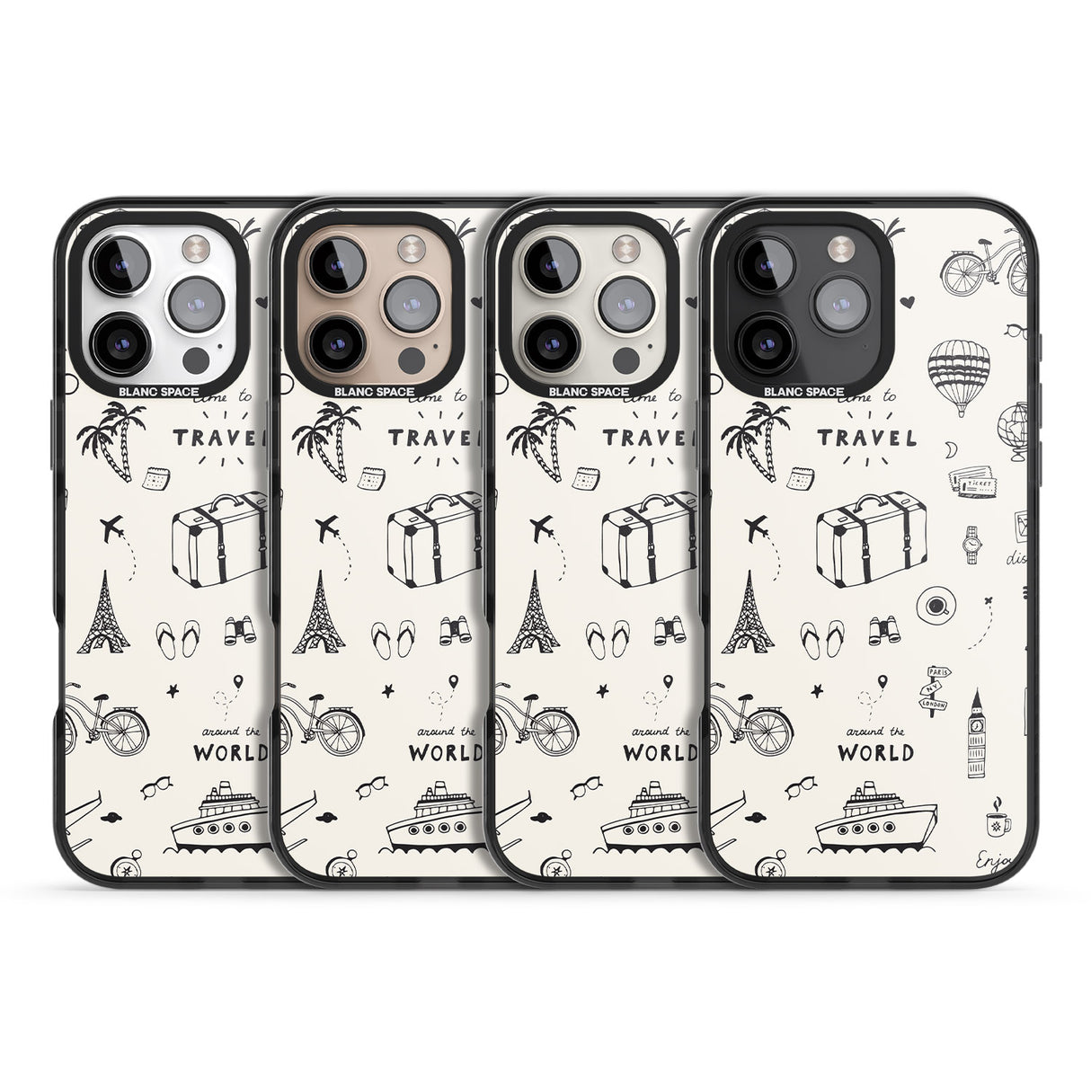 iPhone 16 Pro Max Cute Travel Pattern, White on Black Impact Phone Case