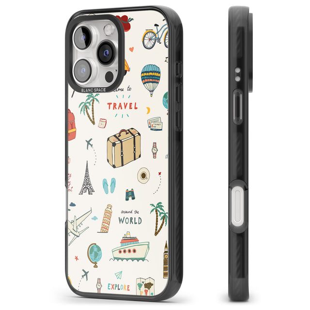 iPhone 16 Pro Max Cute Travel Pattern Cream Black Impact Phone Case