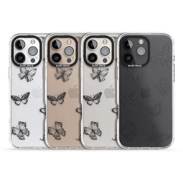 iPhone 16 Pro Max Grey Butterfly Line Pattern Black Impact Phone Case