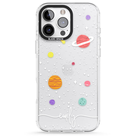 iPhone 16 Pro Max Personalised Cute Cartoon Planets (Clear) Black Impact Phone Case