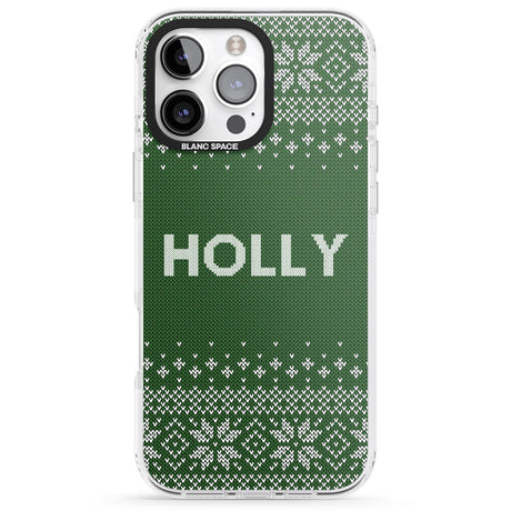 iPhone 16 Pro Max Personalised Green Christmas Knitted Jumper Black Impact Phone Case