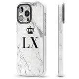 iPhone 16 Pro Max Personalised Initials with Crown on White Marble Black Impact Phone Case