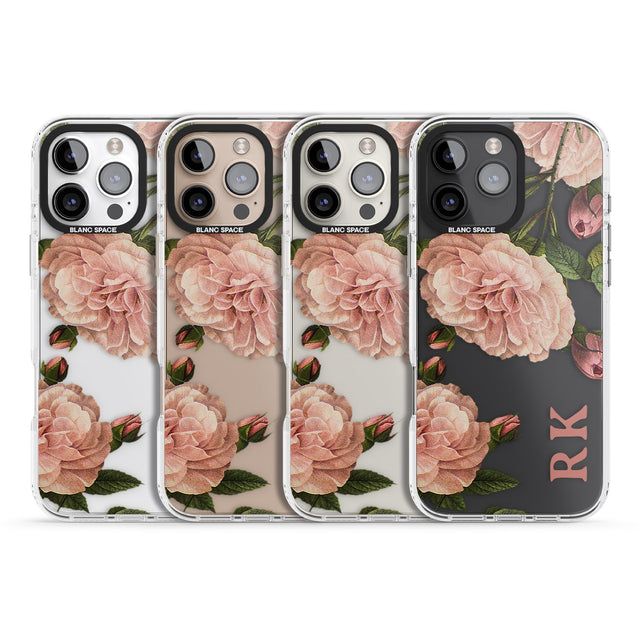 iPhone 16 Pro Max Personalised Clear Vintage Floral Pale Pink Peonies Black Impact Phone Case