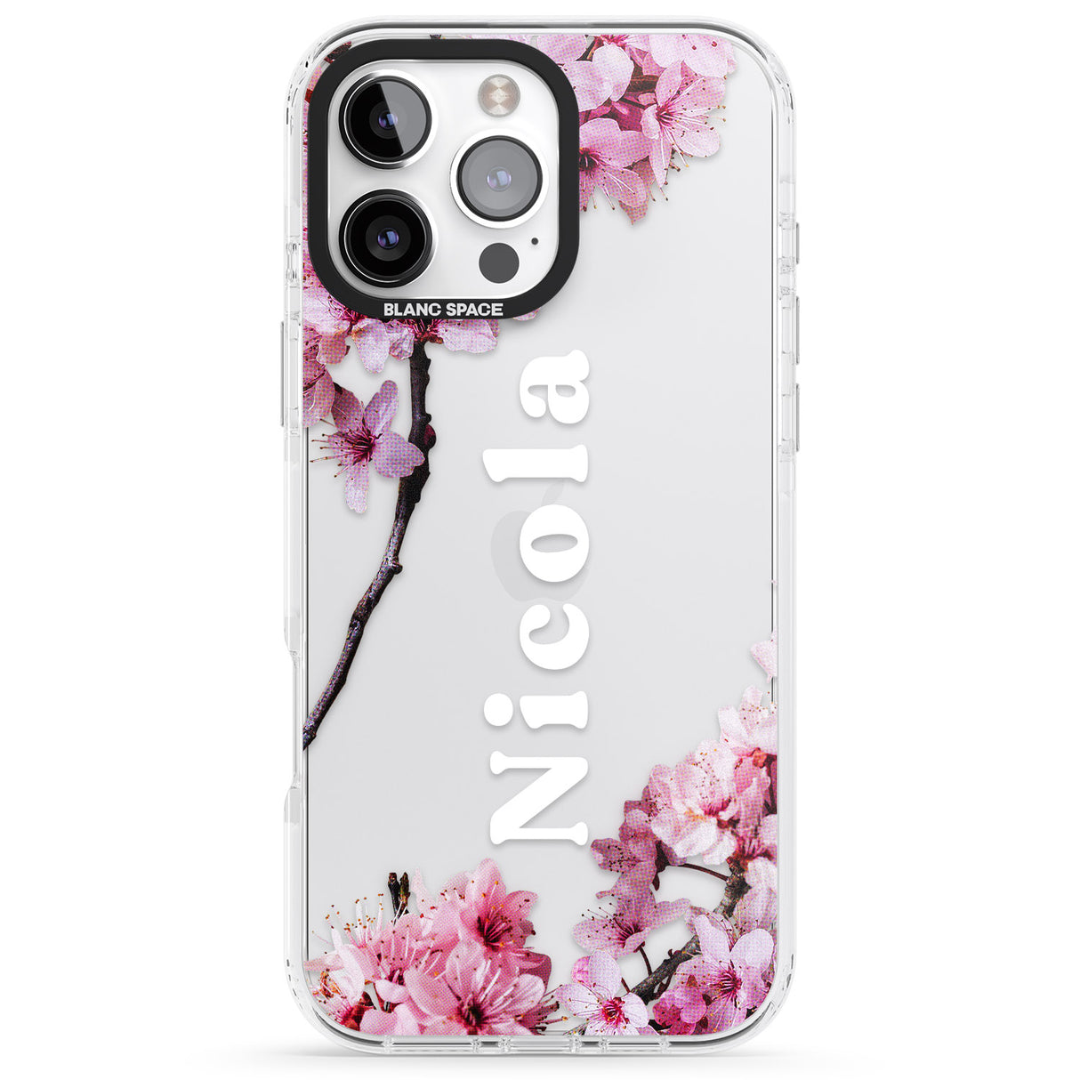 iPhone 16 Pro Max Personalised Cherry Blossoms with Text Black Impact Phone Case