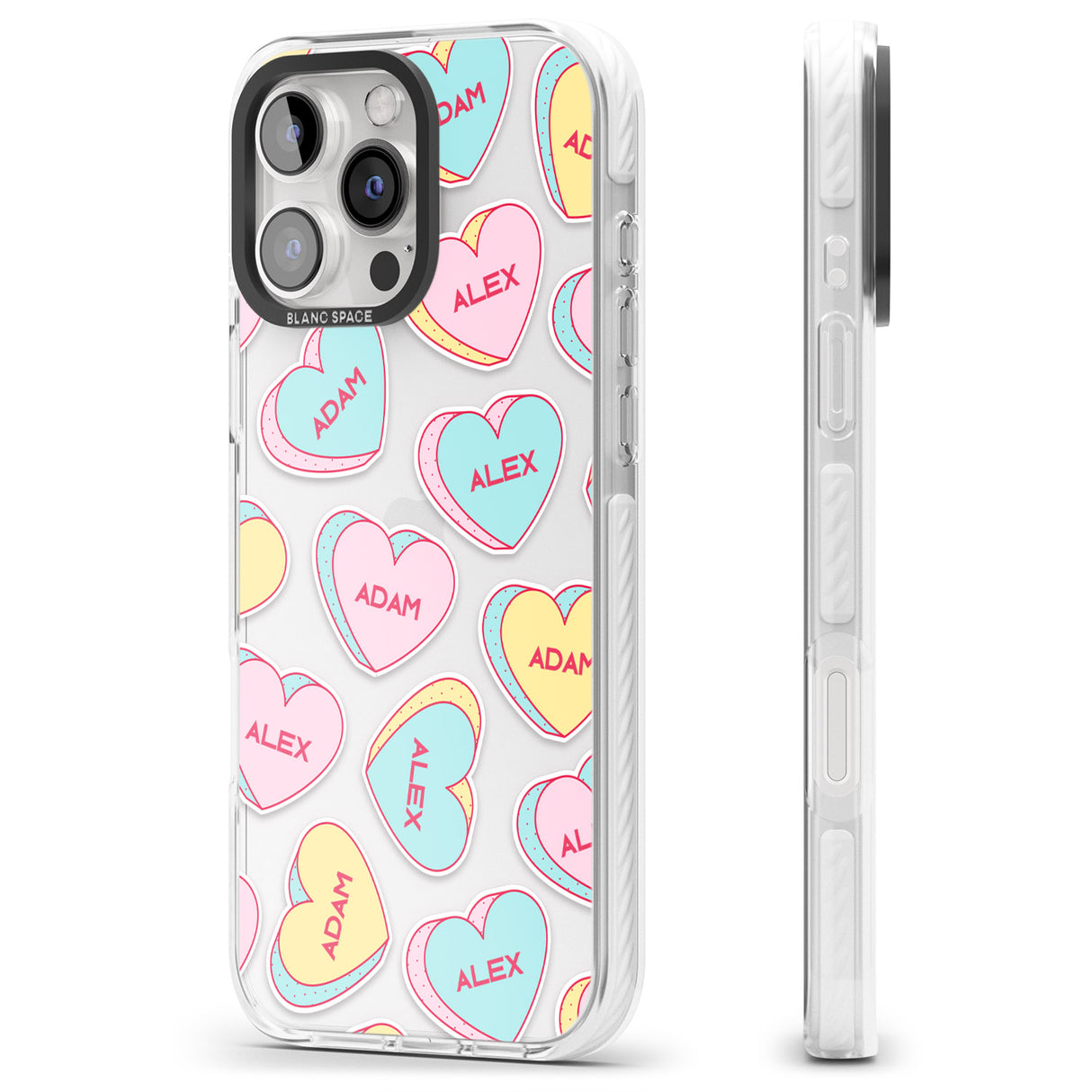 iPhone 16 Pro Max Personalised Text Love Hearts Black Impact Phone Case