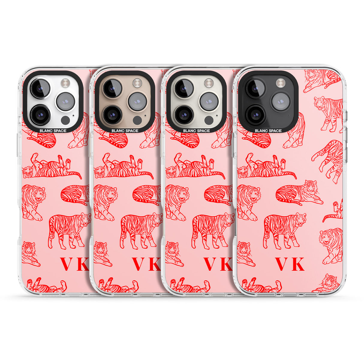 iPhone 16 Pro Max Personalised Red Tiger Outlines on Pink Black Impact Phone Case