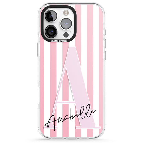 iPhone 16 Pro Max Personalised Pink Stripes & Large Monogram Black Impact Phone Case