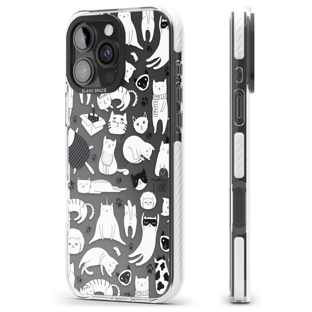 iPhone 16 Pro Max Cartoon Cat Collage - Black & White Black Impact Phone Case