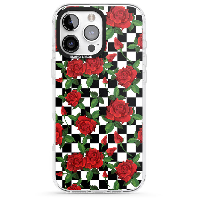 iPhone 16 Pro Max Checkered Pattern & Red Roses Black Impact Phone Case