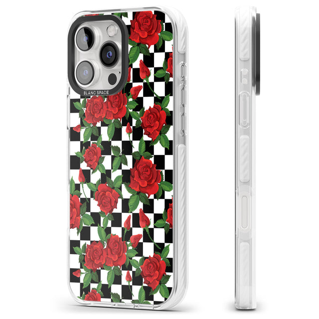 iPhone 16 Pro Max Checkered Pattern & Red Roses Black Impact Phone Case