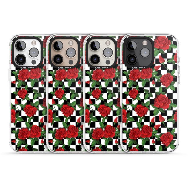 iPhone 16 Pro Max Checkered Pattern & Red Roses Black Impact Phone Case