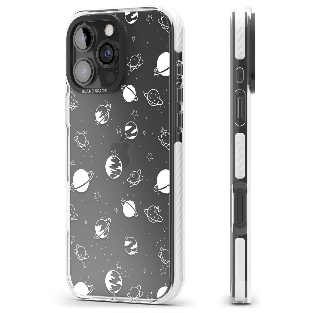 iPhone 16 Pro Max White Planets on Clear Black Impact Phone Case