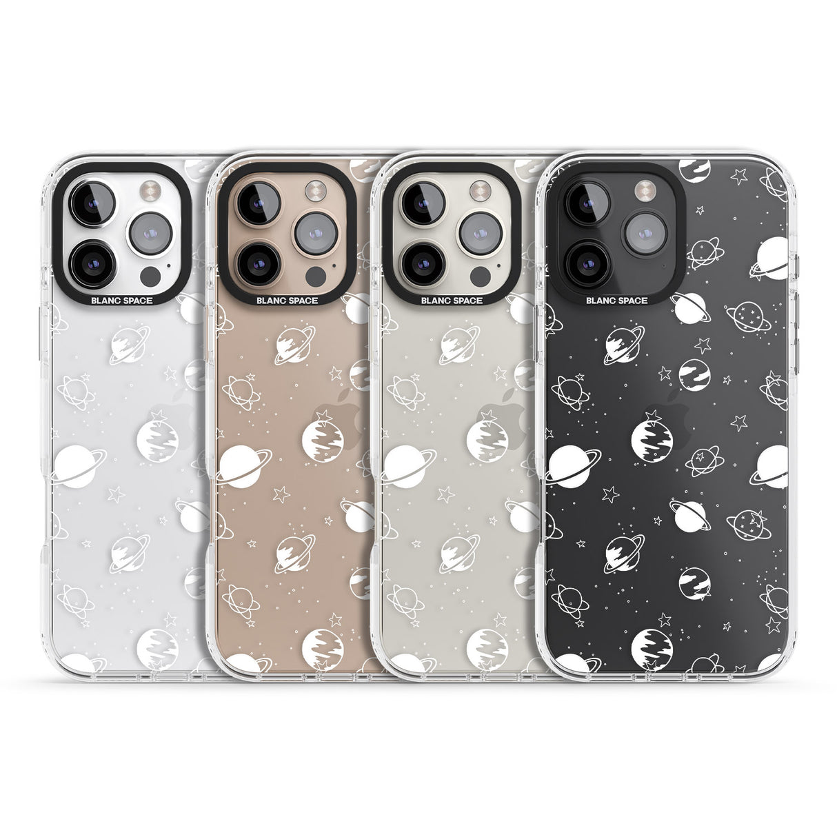 iPhone 16 Pro Max White Planets on Clear Black Impact Phone Case