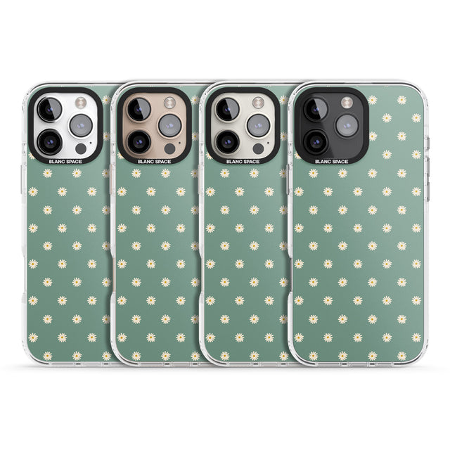 iPhone 16 Pro Max Daisy Pattern Teal Cute Floral Black Impact Phone Case