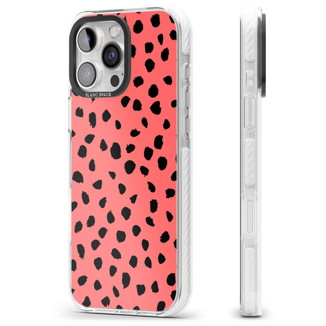 iPhone 16 Pro Max Black on Salmon Pink Dalmatian Polka Dot Spots Black Impact Phone Case