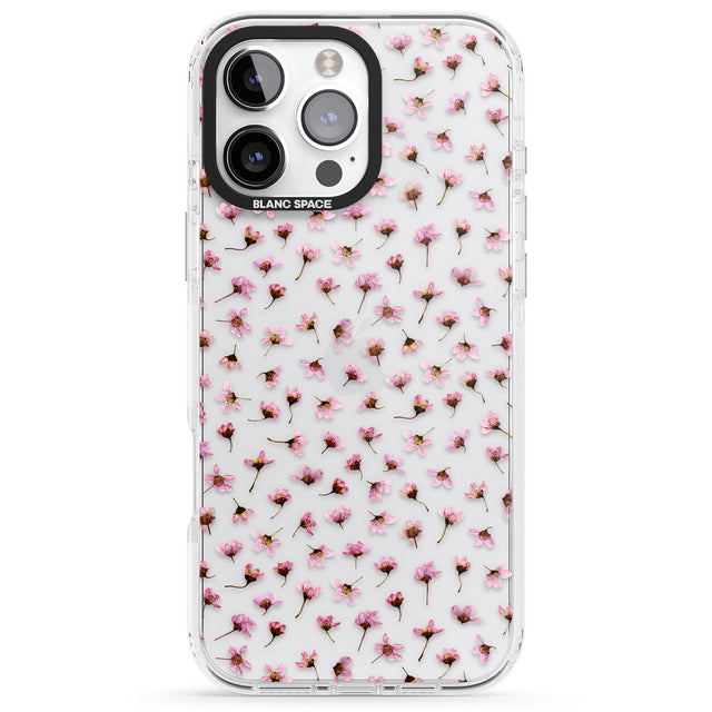 iPhone 16 Pro Max Small Pink Blossoms Transparent Design Black Impact Phone Case