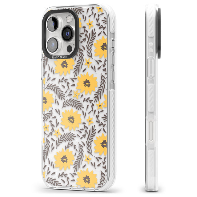 iPhone 16 Pro Max Yellow Blossoms Transparent Floral Black Impact Phone Case