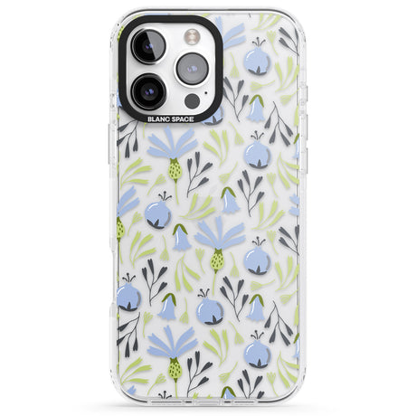 iPhone 16 Pro Max Blue Flora Transparent Floral Black Impact Phone Case