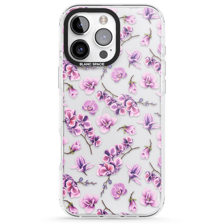 iPhone 16 Pro Max Purple Orchids Transparent Floral Black Impact Phone Case