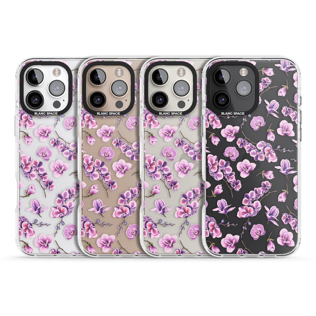 iPhone 16 Pro Max Purple Orchids Transparent Floral Black Impact Phone Case