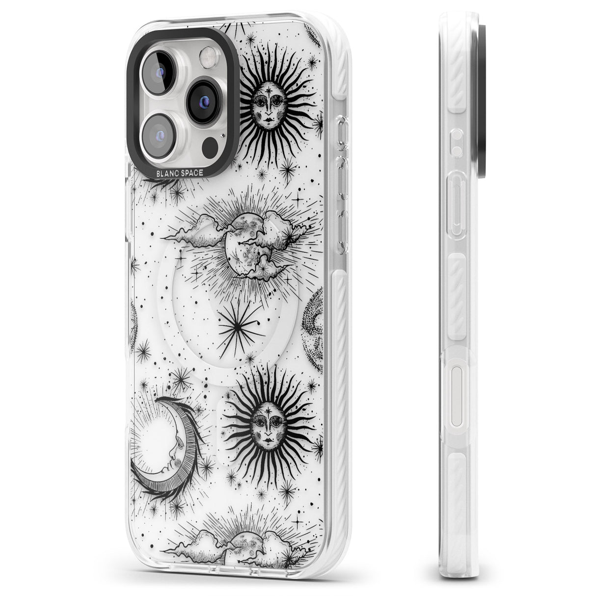 iPhone 16 Pro Max Transparent Suns, Moons & Clouds Black Impact Phone Case