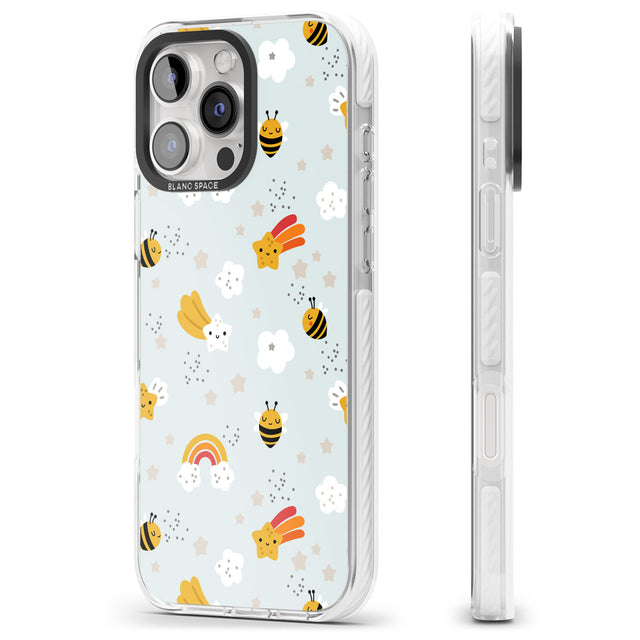 iPhone 16 Pro Max Sweet As Honey Patterns: Bees & Rainbows Black Impact Phone Case