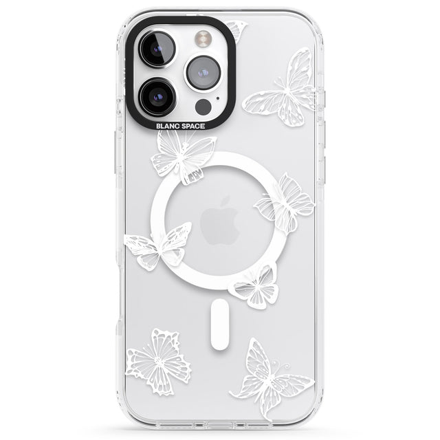 iPhone 16 Pro Max White Butterfly Line Pattern Black Impact Phone Case