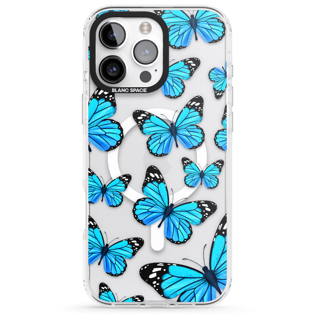 iPhone 16 Pro Max Blue Butterflies Black Impact Phone Case